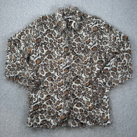 Selene Sport Vintage Leopard Print Shaggy Blouse Womens Large Sheer Button Front - Picture 1 of 7